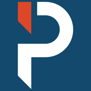 Nieuw logo van onze detacheringstak. Blauw vlak met witte "P" en linksboven een oranje detail in de P